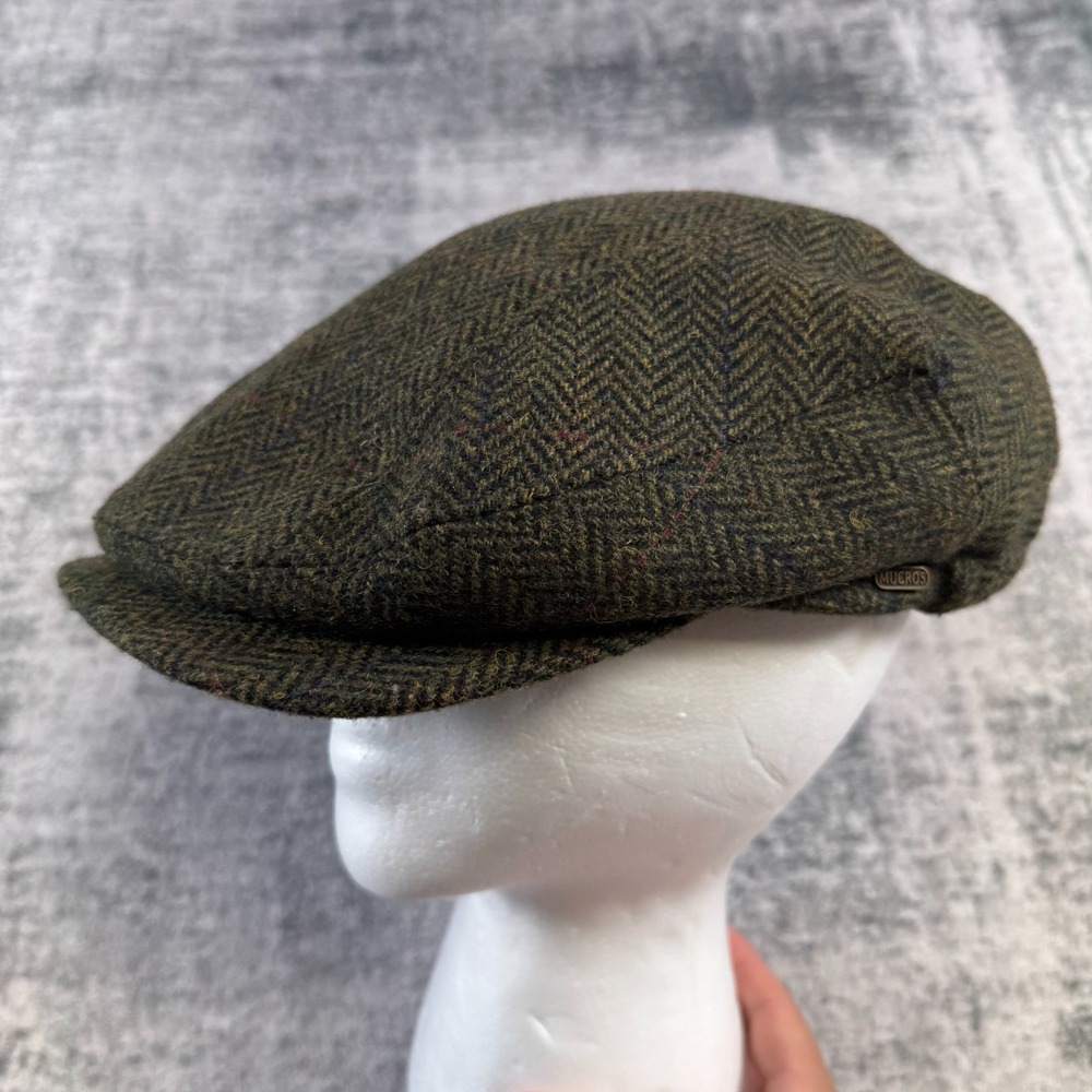 Mucros Kerry Flat Cap Mens XL Green Herringbone Tweed Wool Newsboy Irish Lined